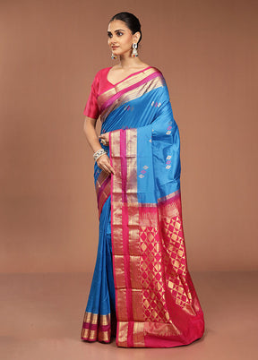 Blue Handloom Kanjivaram Pure Silk Saree With Blouse Piece
