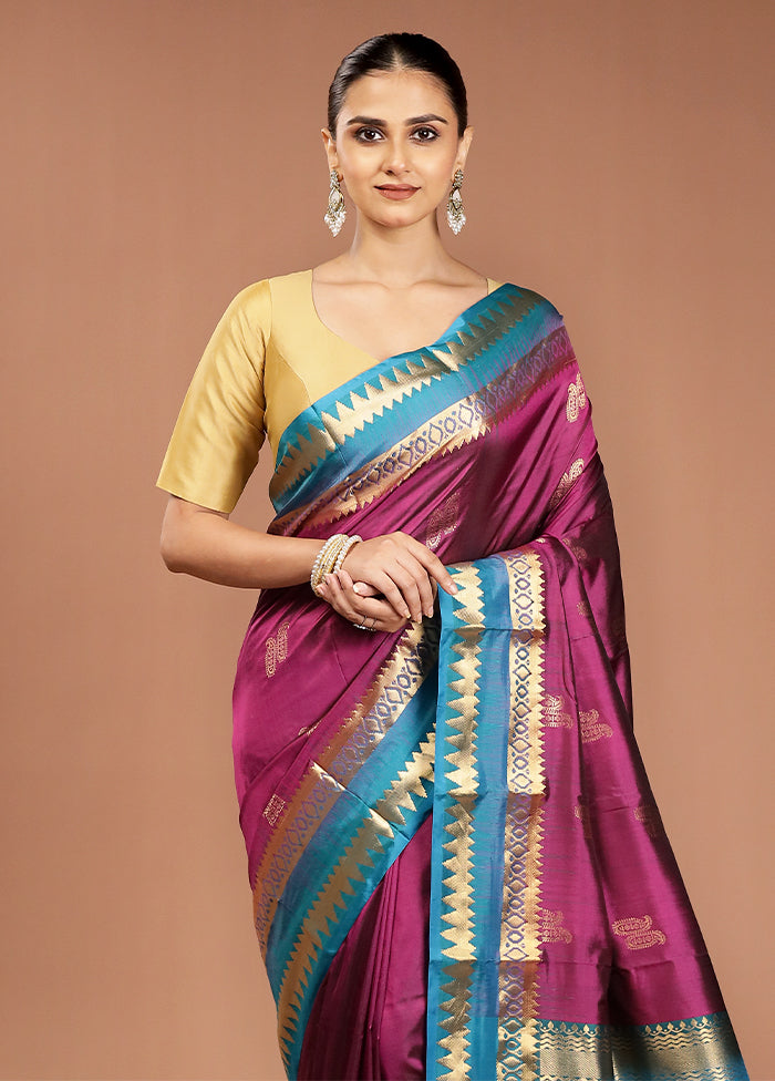 Purple Handloom Kanjivaram Pure Silk Saree With Blouse Piece