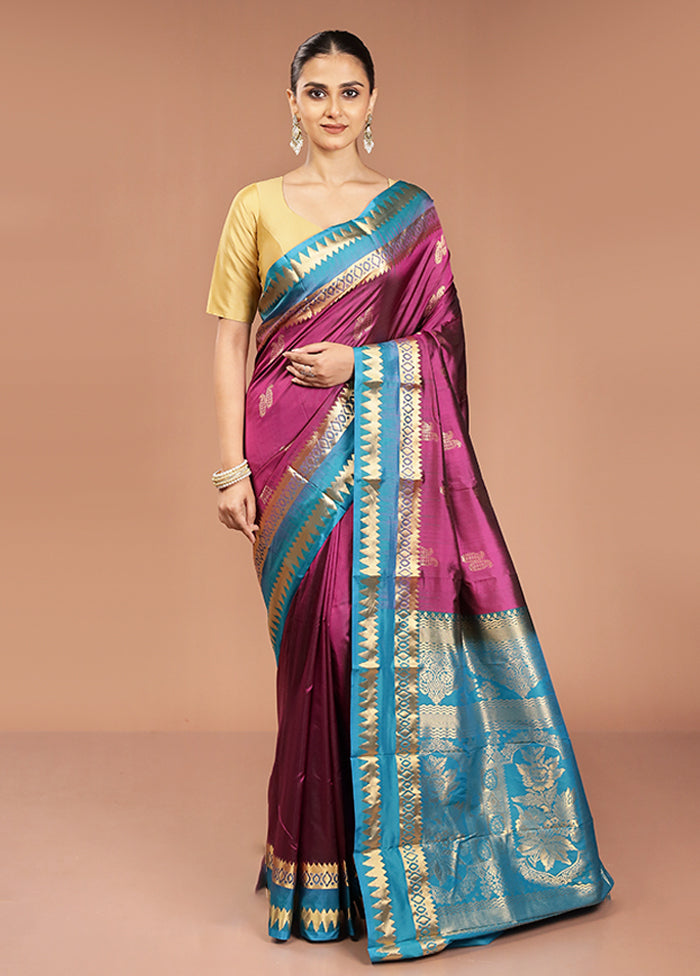 Purple Handloom Kanjivaram Pure Silk Saree With Blouse Piece