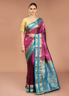 Purple Handloom Kanjivaram Pure Silk Saree With Blouse Piece
