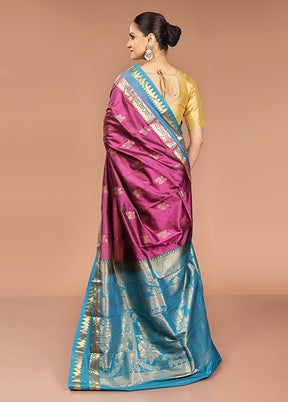 Purple Handloom Kanjivaram Pure Silk Saree With Blouse Piece