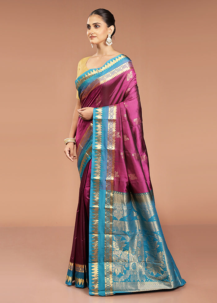 Purple Handloom Kanjivaram Pure Silk Saree With Blouse Piece