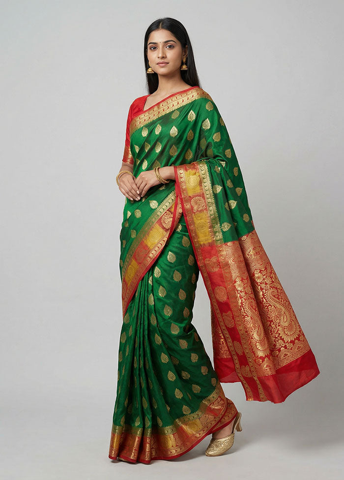 Green Handloom Kanchipuram Pure Silk Saree With Blouse Piece