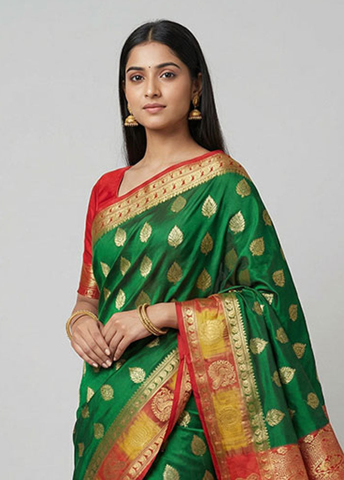 Green Handloom Kanchipuram Pure Silk Saree With Blouse Piece