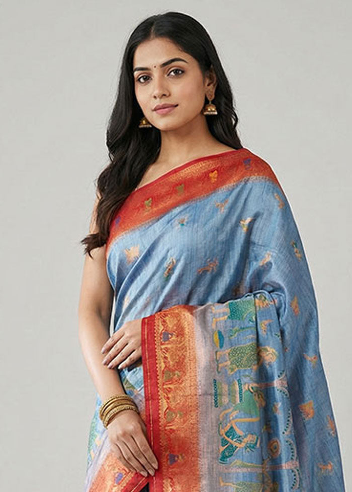 Grey Dupion Silk Saree With Blouse Piece