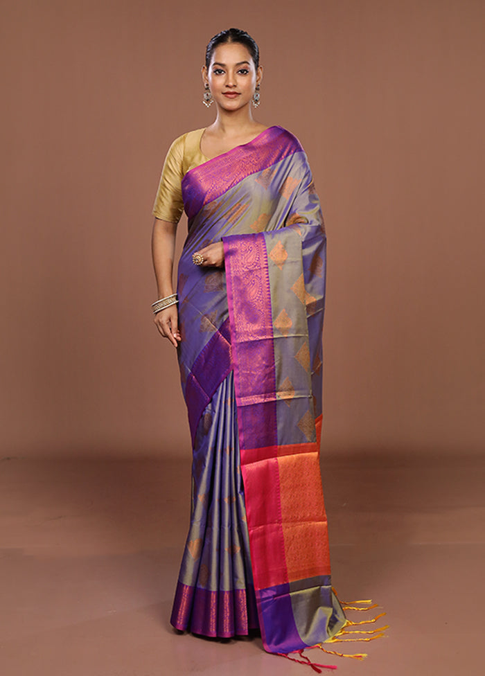 Blue Dupion Silk Saree With Blouse Piece