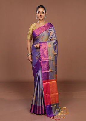 Blue Dupion Silk Saree With Blouse Piece