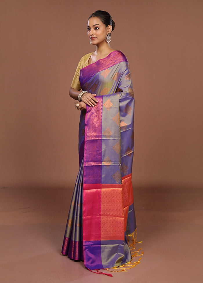 Blue Dupion Silk Saree With Blouse Piece