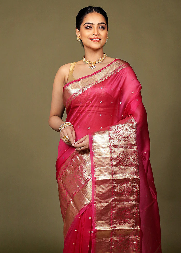 Pink Handloom Kora Pure Silk Saree With Blouse Piece