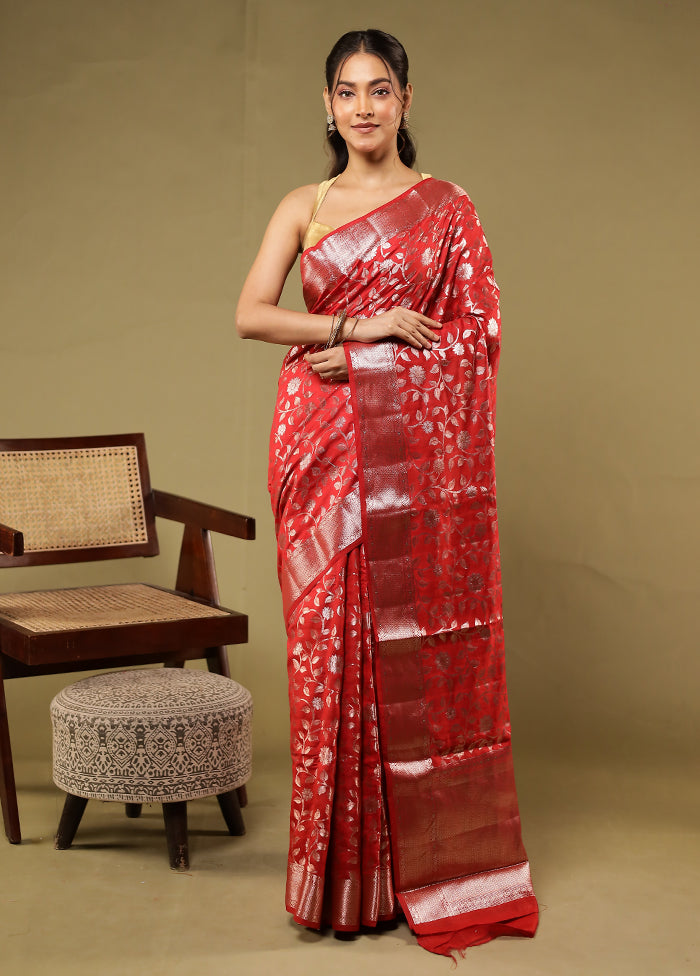 Red Handloom Dupion Pure Silk Saree With Blouse Piece