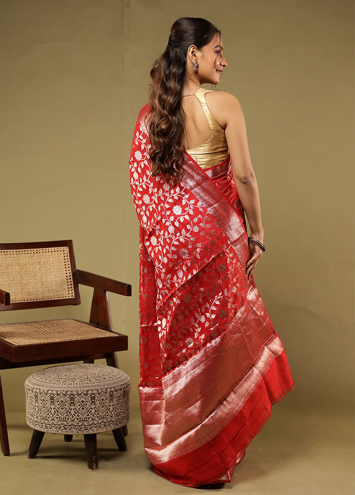 Red Handloom Dupion Pure Silk Saree With Blouse Piece