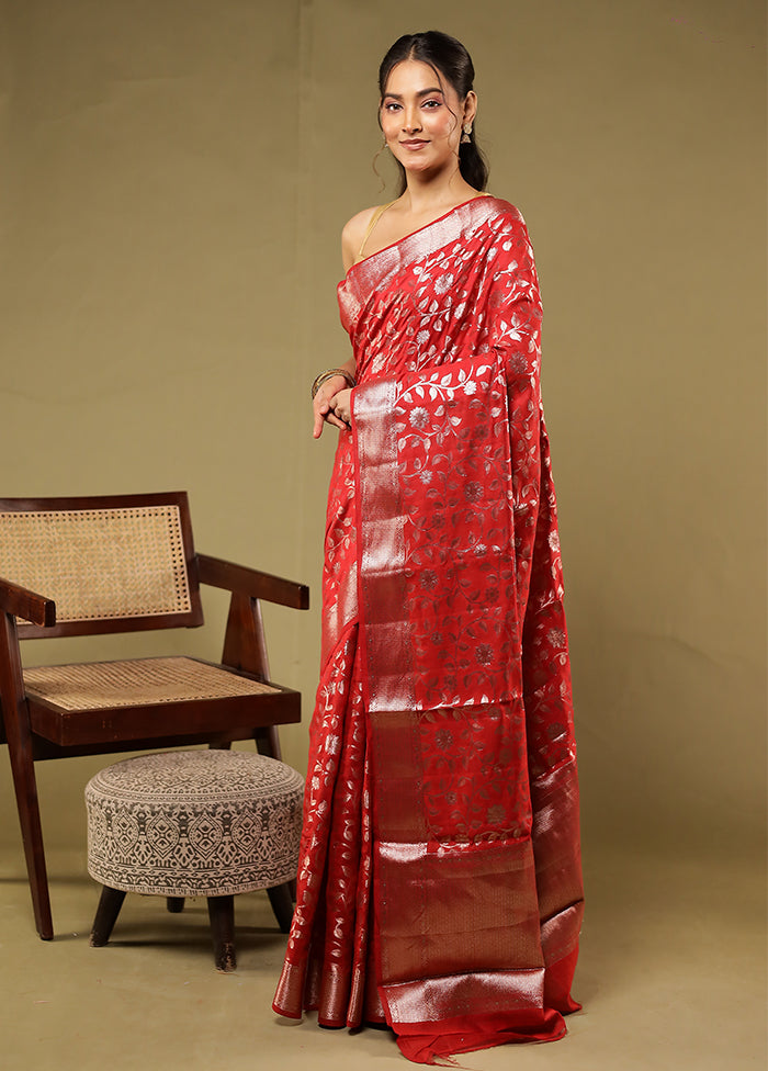 Red Handloom Dupion Pure Silk Saree With Blouse Piece