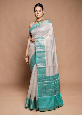 White Handloom Dupion Pure Silk Saree With Blouse Piece