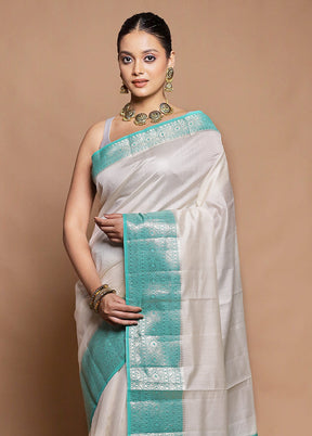 White Handloom Dupion Pure Silk Saree With Blouse Piece