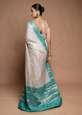 White Handloom Dupion Pure Silk Saree With Blouse Piece