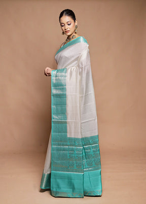 White Handloom Dupion Pure Silk Saree With Blouse Piece