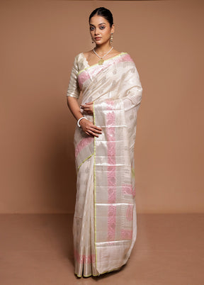 White Handloom Dupion Pure Silk Saree With Blouse Piece