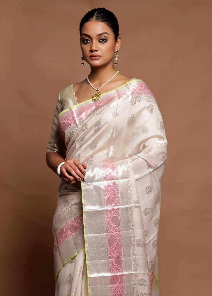 White Handloom Dupion Pure Silk Saree With Blouse Piece