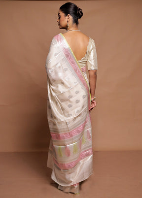 White Handloom Dupion Pure Silk Saree With Blouse Piece
