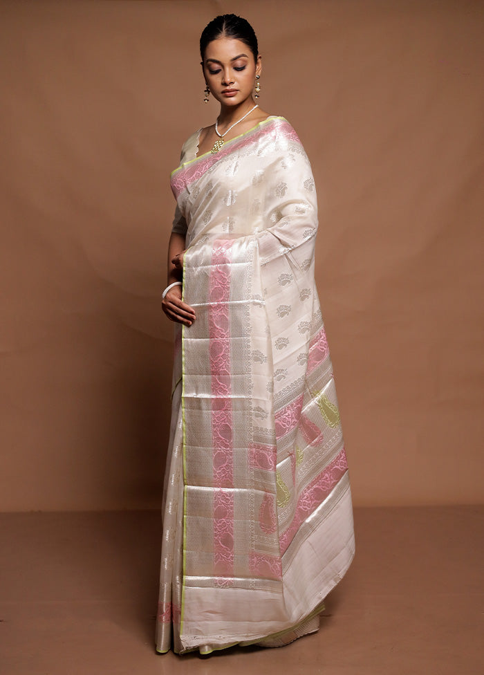 White Handloom Dupion Pure Silk Saree With Blouse Piece