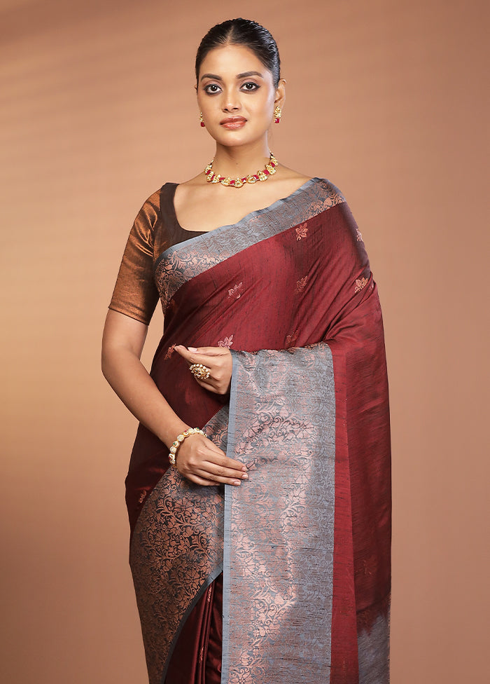 Maroon Dupion Silk Saree With Blouse Piece