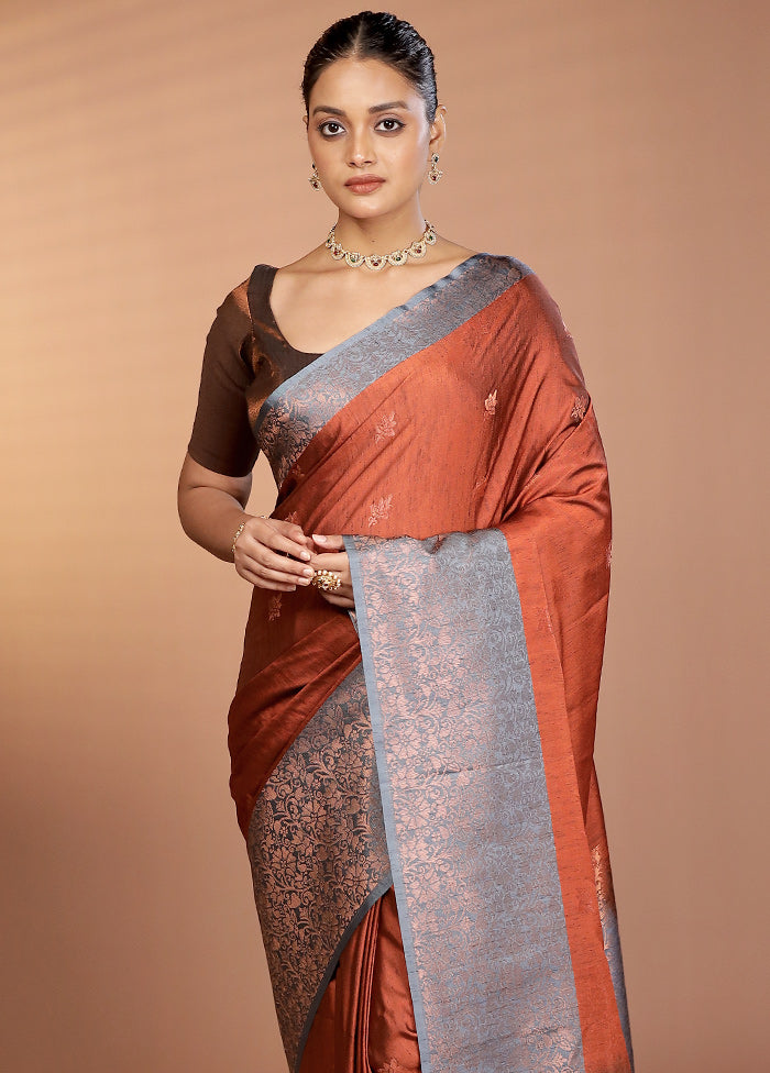Rust Dupion Silk Saree With Blouse Piece