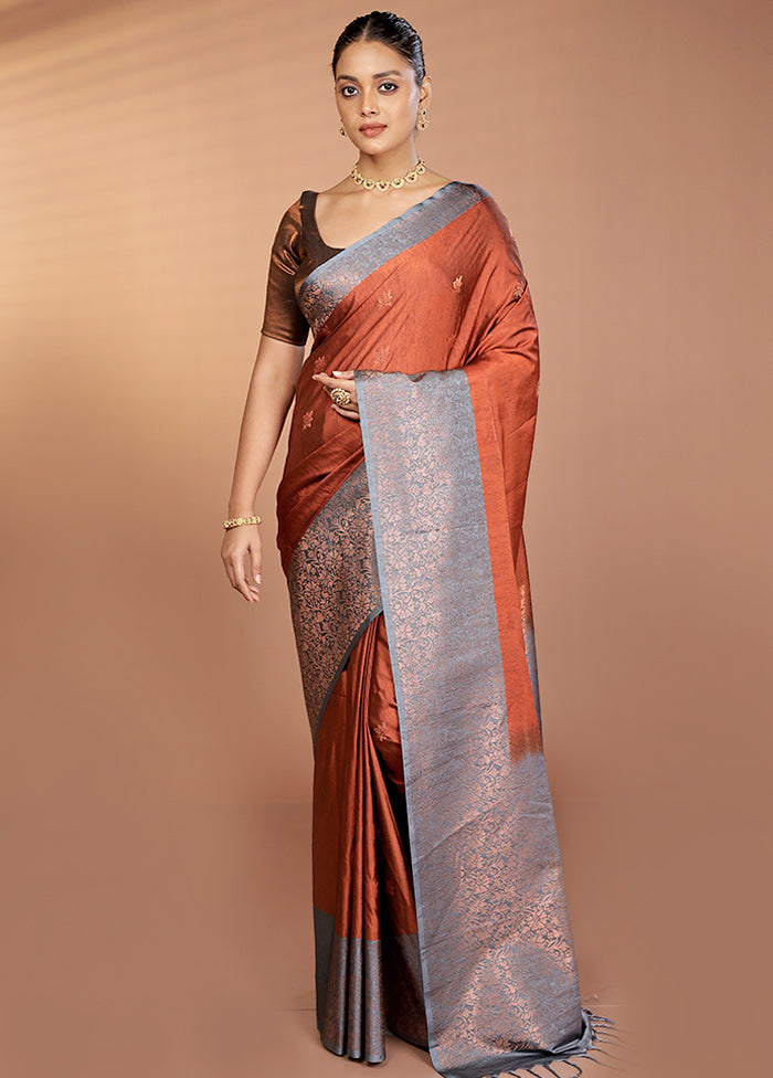 Rust Dupion Silk Saree With Blouse Piece