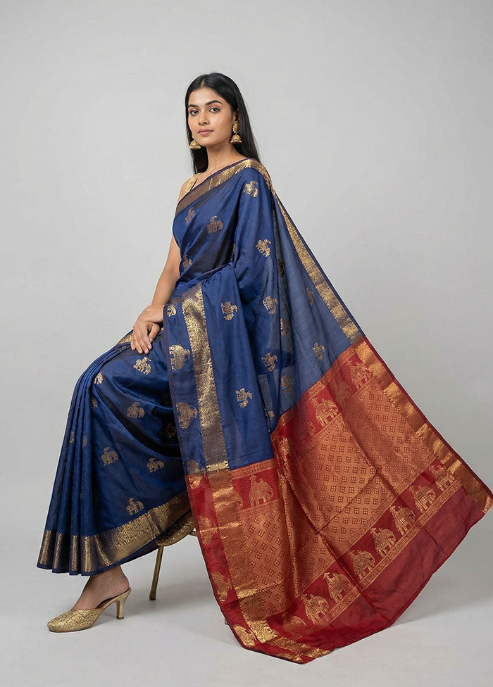 Blue Kanjivaram Silk Saree With Blouse Piece