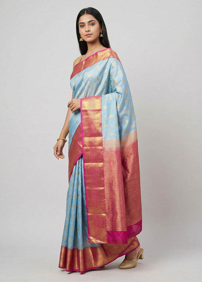 Blue Kanjivaram Silk Saree With Blouse Piece
