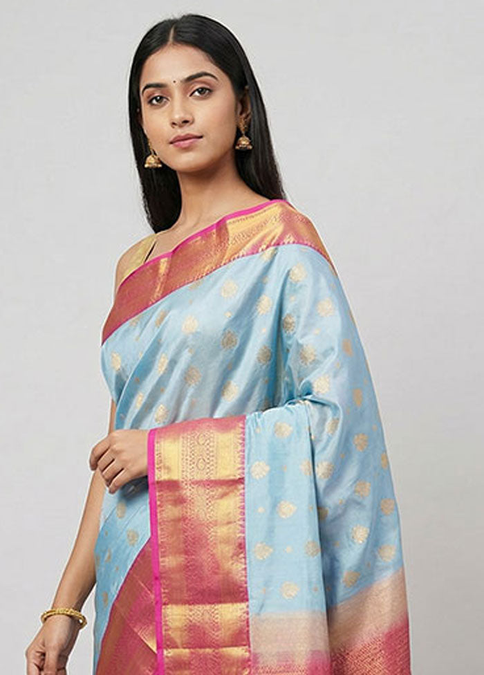 Blue Kanjivaram Silk Saree With Blouse Piece