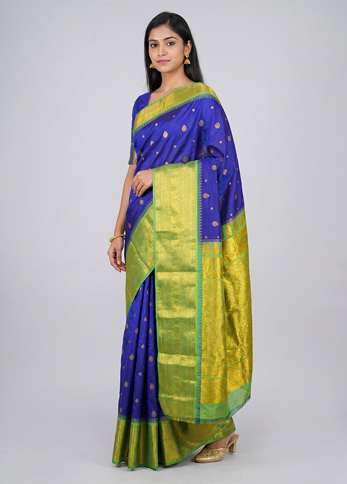 Blue Gadwal Silk Saree Without Blouse Piece