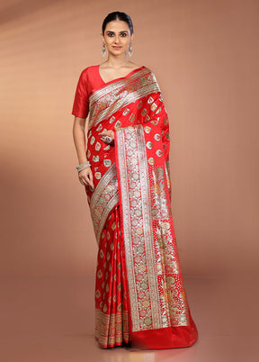 Red Banarasi Silk Saree With Blouse Piece