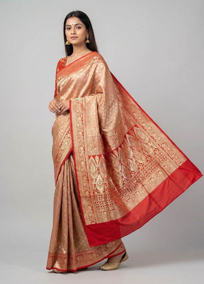 Cream Handloom Banarasi Pure Silk Saree With Blouse Piece