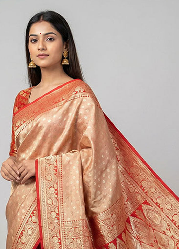 Cream Handloom Banarasi Pure Silk Saree With Blouse Piece
