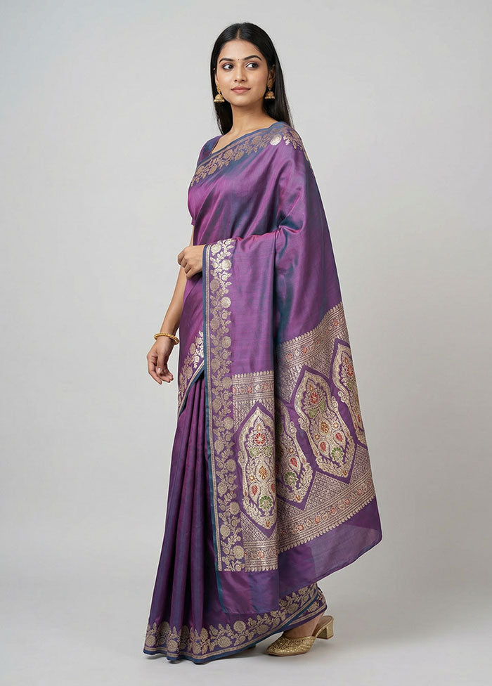 Purple Handloom Banarasi Pure Silk Saree With Blouse Piece