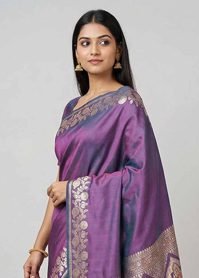 Purple Handloom Banarasi Pure Silk Saree With Blouse Piece
