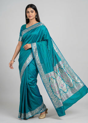 Blue Handloom Banarasi Pure Silk Saree With Blouse Piece