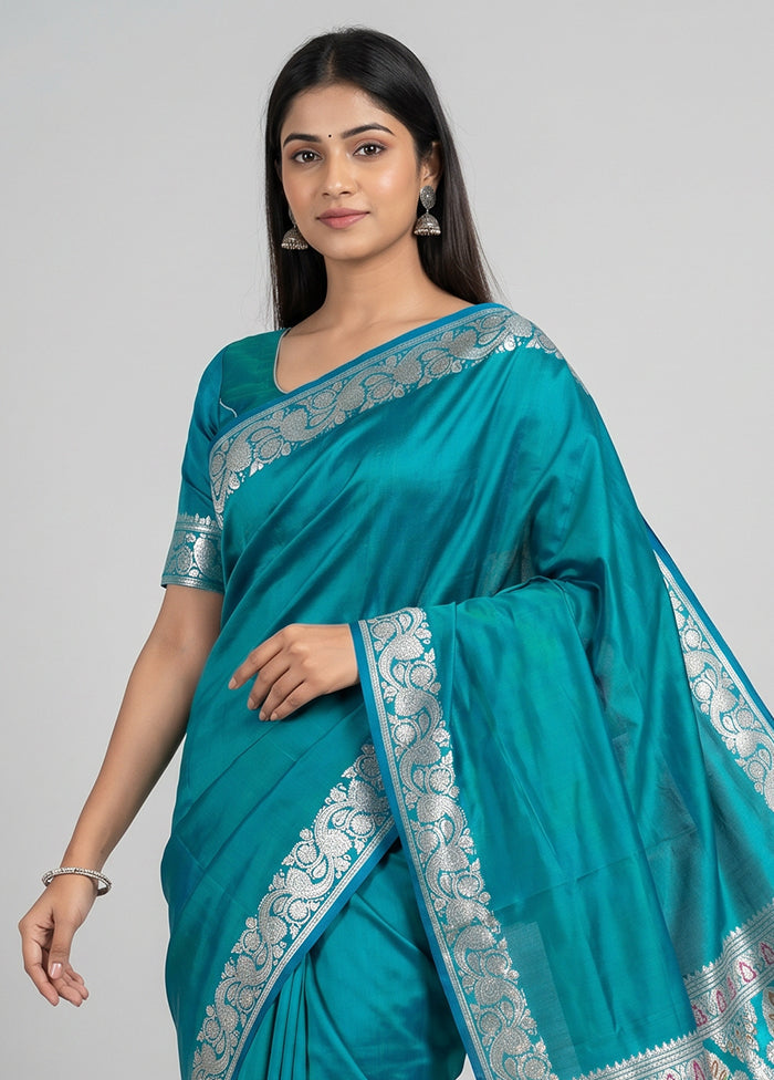 Blue Handloom Banarasi Pure Silk Saree With Blouse Piece