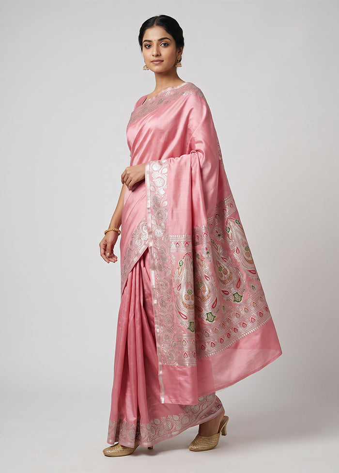 Peach Handloom Banarasi Pure Silk Saree With Blouse Piece