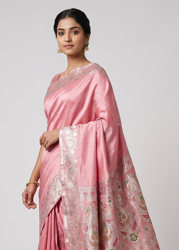 Peach Handloom Banarasi Pure Silk Saree With Blouse Piece
