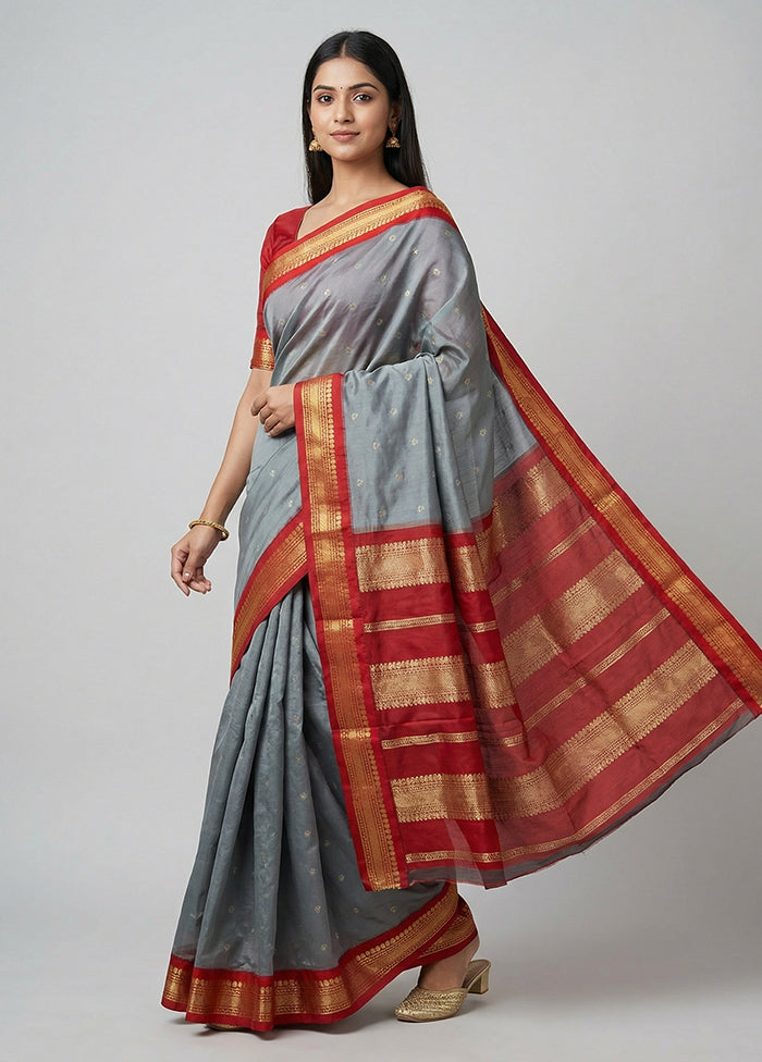 Grey Kanjivaram Silk Saree With Blouse Piece