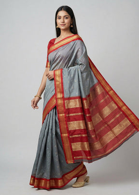 Grey Kanjivaram Silk Saree With Blouse Piece