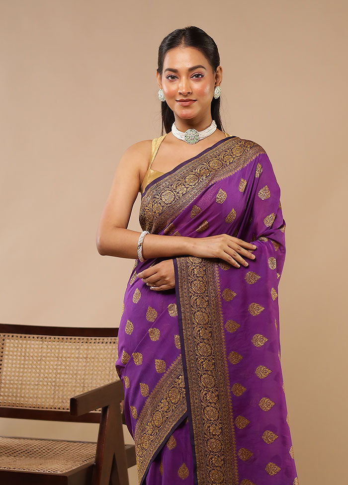 Purple Handloom Pure Georgette Saree With Blouse Piece