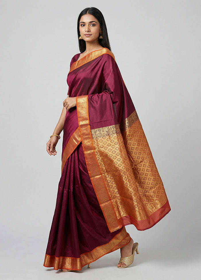 Purple Handloom Kanchipuram Pure Silk Saree With Blouse Piece