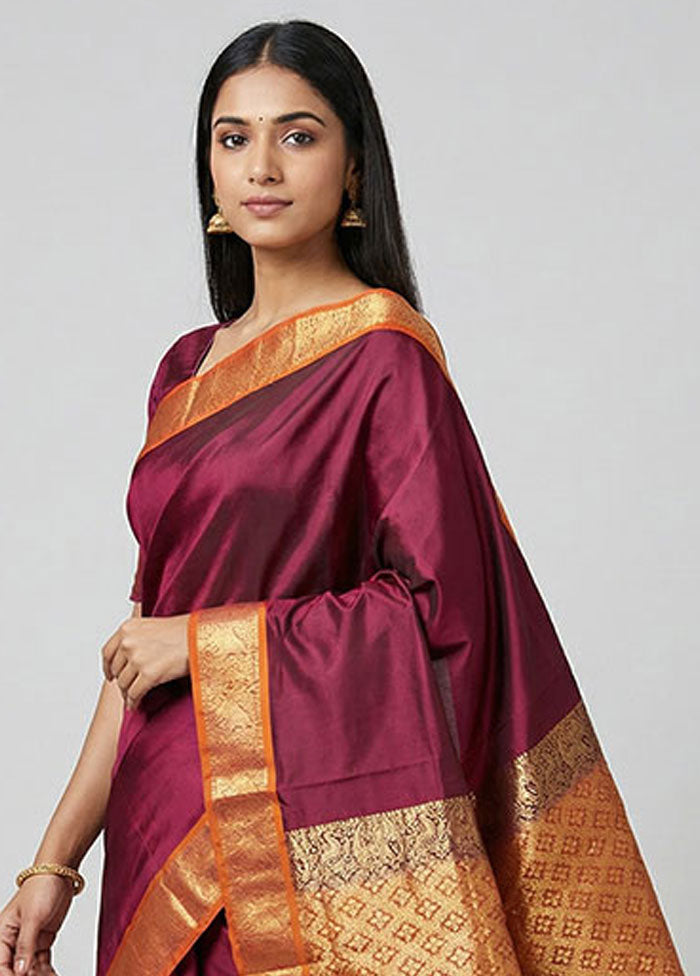 Purple Handloom Kanchipuram Pure Silk Saree With Blouse Piece