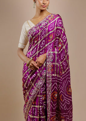Purple Bandhej Pure Silk Saree Without Blouse Piece