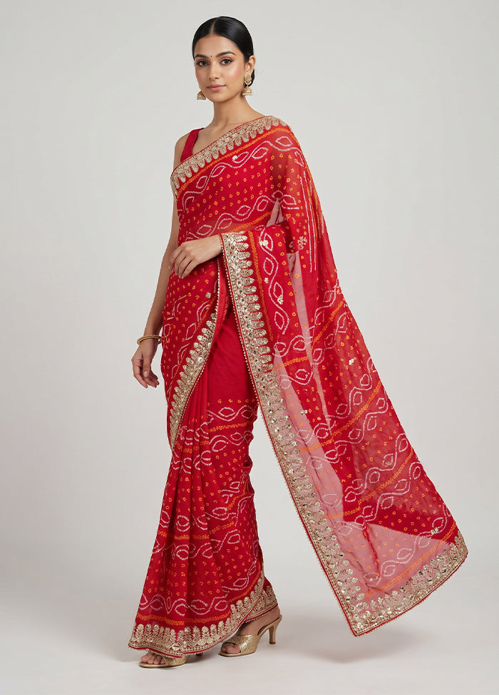Red Bandhej Silk Saree With Blouse Piece