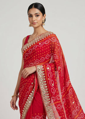 Red Bandhej Silk Saree With Blouse Piece