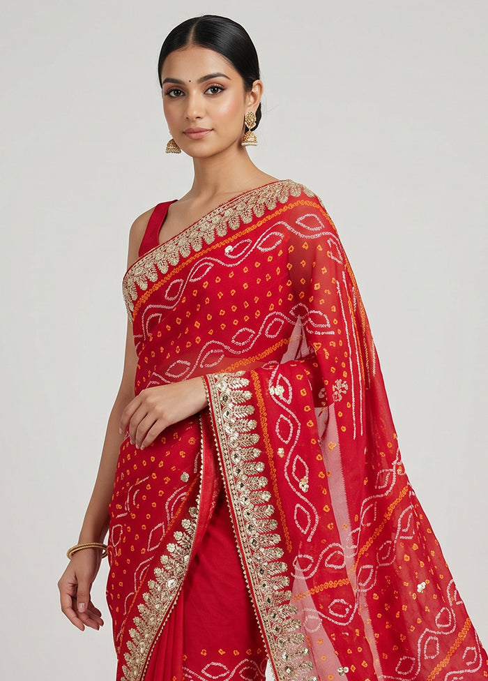 Red Bandhej Silk Saree With Blouse Piece
