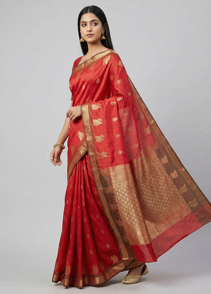 Red Handloom Kanchipuram Pure Silk Saree With Blouse Piece